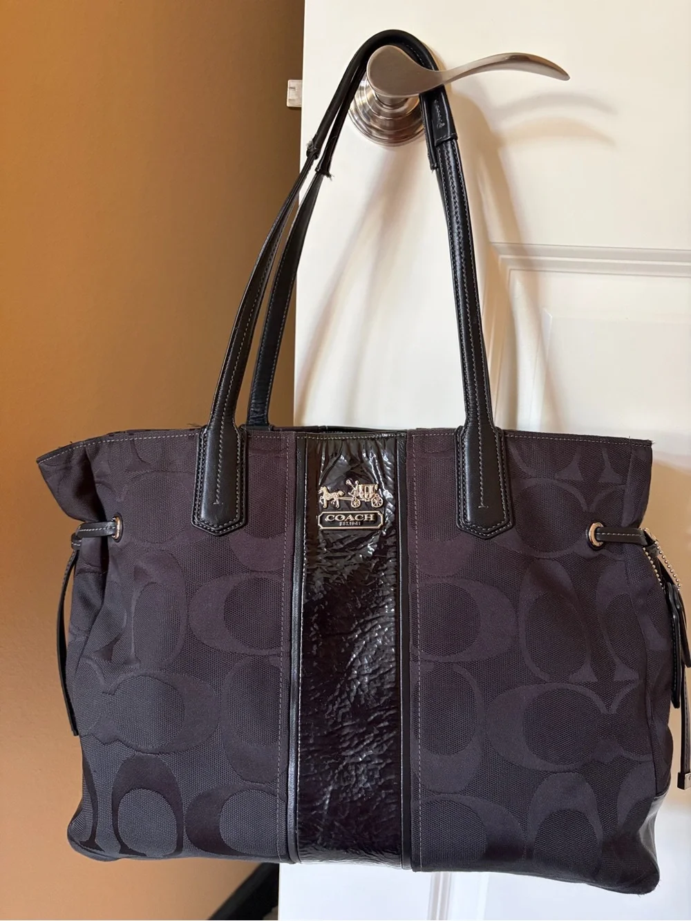 Coach Black Signature Tote with Patent Trim